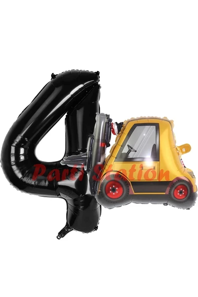 İnşaat Forklift Kamyonu Balon 4 Yaş Doğum Günü Balon Set İş Makinaları Konsept ve Siyah Rakam Balon