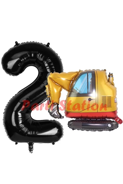 İnşaat Kepçe Kamyon Balon 2 Yaş Doğum Günü Balon Set İş Makinaları Konsept ve Siyah Rakam Balon