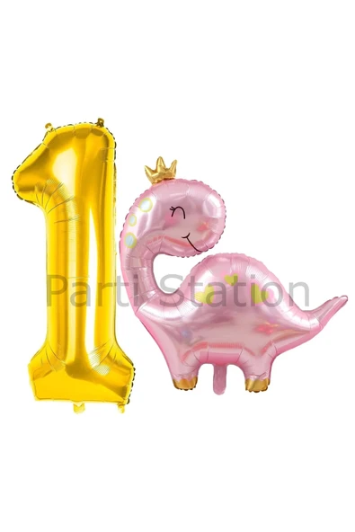 Pembe Dinozor 1 Yaş Gold Renk Rakam Balon Set Sevimli Pembe Dinozor Konsept Doğum Günü Balon Set