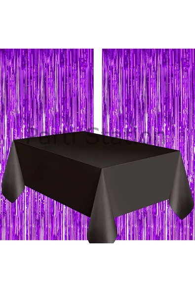2 Adet Mor Renk Metalize Arka Fon Perdesi ve 1 Adet Plastik Siyah Renk Masa Örtüsü Set ürün görseli