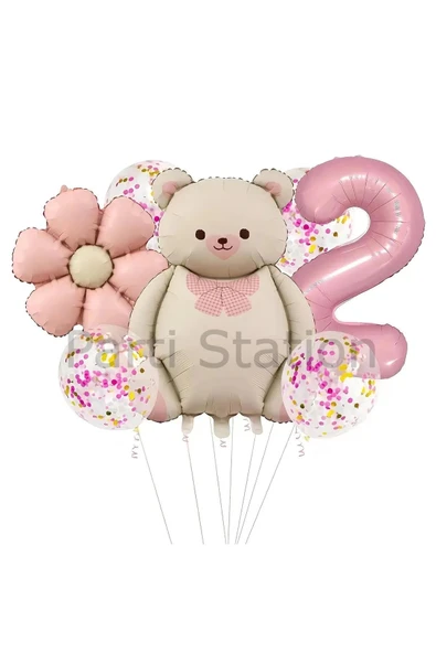 Sevimli Ayıcık 2 Yaş Balon Set Retro Pembe Ayıcık Konsept Doğum Günü Set
