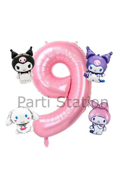 Kuromi 9 Yaş Mini Pembe Balon Set Kuromi MyMelody Cinnamonroll Konsept Doğum Günü Balon Set