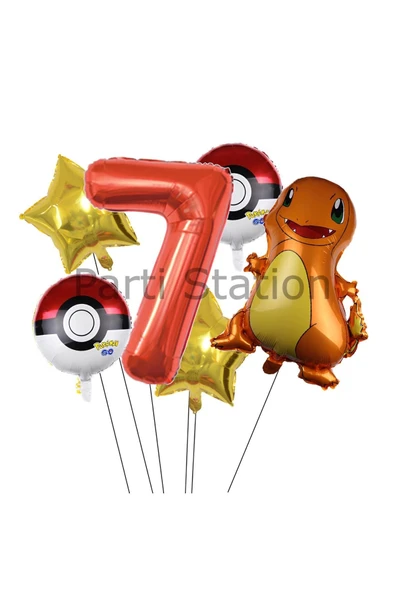 Pokemon Charizard Konsept 7 Yaş Balon Set Pokemon Çarizart Doğum Günü Yıldız Folyo Balon Set ürün görseli