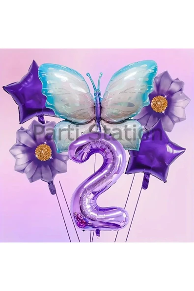 Mor Kelebek 2 Yaş Balon Set Mor Papatya Kelebek Konsept Doğum Günü Balon Set