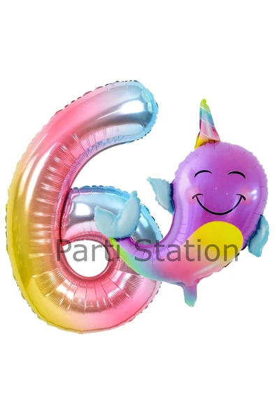 Unicorn Balina Balon 6 Yaş Set Okyanus Konsept Unicorn Yunus Balığı ve Renkli Rakam Balon Set