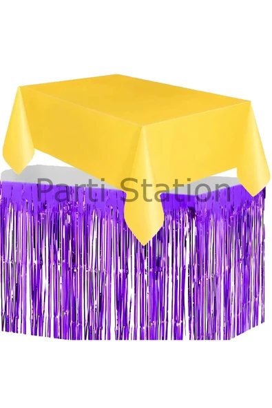 Masa Örtüsü ve Masa Eteği Set Plastik Sarı Renk Masa Örtüsü Mor Renk Metalize Masa Eteği Set - 3