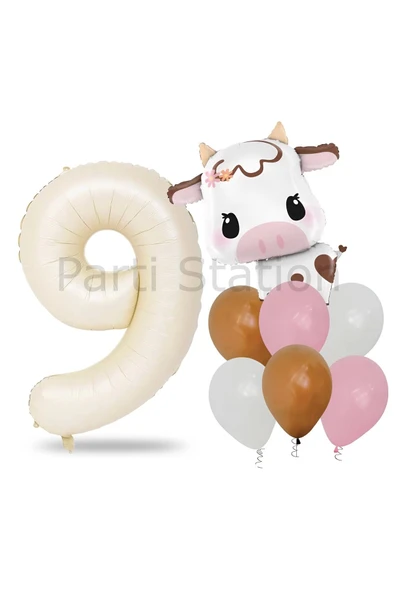Safari Konsept Sevimli İnek ve Krem Renk Rakam Balon 1 Yaş Set Safari İnek Konsept Doğum Günü Balon ürün görseli