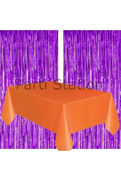 2 Adet Mor Renk Metalize Arka Fon Perdesi ve 1 Adet Plastik Turuncu Renk Masa Örtüsü Set ürün görseli