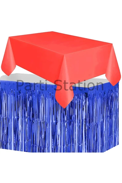 Masa Örtüsü ve Masa Eteği Set Plastik Kırmızı Renk Masa Örtüsü Lacivert Renk Metalize Masa Eteği Set - 3