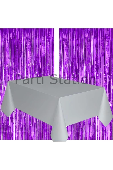 2 Adet Mor Renk Metalize Arka Fon Perdesi ve 1 Adet Plastik Gümüş Gri Renk Masa Örtüsü Set ürün görseli