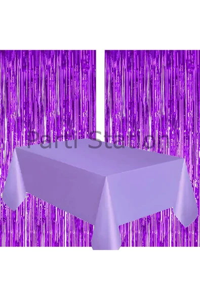 2 Adet Mor Renk Metalize Arka Fon Perdesi ve 1 Adet Plastik Mor Renk Masa Örtüsü Set - Resim 3