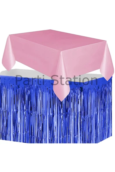 Masa Örtüsü ve Masa Eteği Set Plastik Pembe Renk Masa Örtüsü Lacivert Renk Metalize Masa Eteği Set