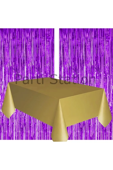 2 Adet Mor Renk Metalize Arka Fon Perdesi ve 1 Adet Plastik Gold Altın Renk Masa Örtüsü Set - Resim 3