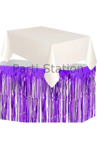 Masa Örtüsü ve Masa Eteği Set Plastik Beyaz Renk Masa Örtüsü Mor Renk Metalize Masa Eteği Set ürün görseli