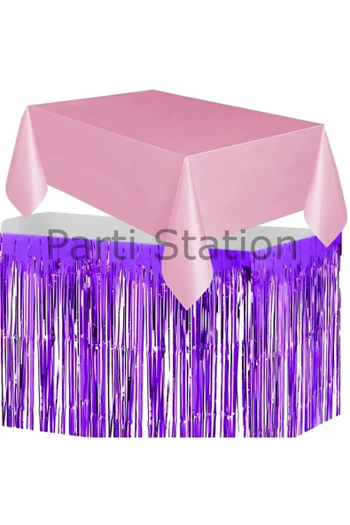 Masa Örtüsü ve Masa Eteği Set Plastik Pembe Renk Masa Örtüsü Mor Renk Metalize Masa Eteği Set - 3