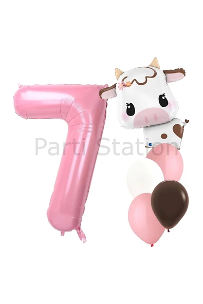 Safari Konsept Sevimli İnek ve Pembe Rakam Balon 7 Yaş Set Safari İnek Konsept Doğum Günü Balon Set