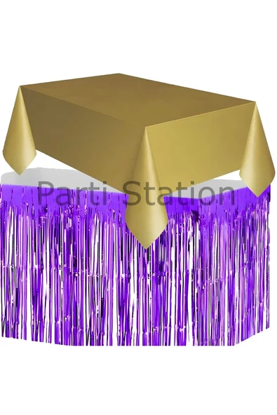 Masa Örtüsü ve Masa Eteği Set Plastik Gold Altın Renk Masa Örtüsü Mor Renk Metalize Masa Eteği Set - 3