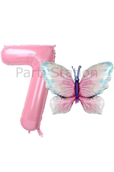 Pembe Kelebek ve Pembe Rakam Balon 7 Yaş Balon Set Kelebek Konsept Doğum Günü Folyo Balon Set ürün görseli