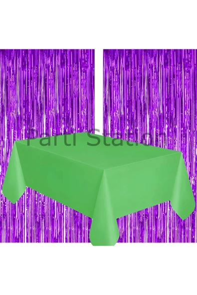2 Adet Mor Renk Metalize Arka Fon Perdesi ve 1 Adet Plastik Yeşil Renk Masa Örtüsü Set - 2