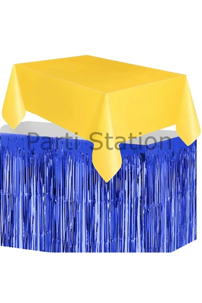 Masa Örtüsü ve Masa Eteği Set Plastik Sarı Renk Masa Örtüsü Lacivert Renk Metalize Masa Eteği Set - 2