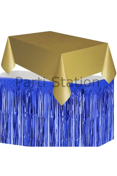 Masa Örtüsü ve Masa Eteği Set Plastik Altın Renk Masa Örtüsü Lacivert Renk Metalize Masa Eteği Set - Resim 2