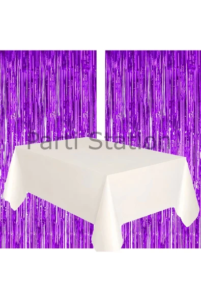 2 Adet Mor Renk Metalize Arka Fon Perdesi ve 1 Adet Plastik Beyaz Renk Masa Örtüsü Set - 2
