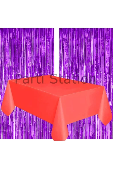 2 Adet Mor Renk Metalize Arka Fon Perdesi ve 1 Adet Plastik Kırmızı Renk Masa Örtüsü Set - 2