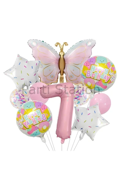 Kelebek 7 Yaş Balon Set Gökkuşağı Kelebek Konsept Doğum Günü Balon Set ürün görseli