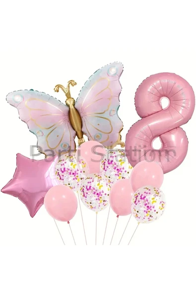 Macaron Kelebek 8 Yaş Balon Set Gökkuşağı Macaron Kelebek Konsept Doğum Günü Balon Set ürün görseli