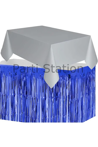 Masa Örtüsü ve Masa Eteği Set Plastik Gümüş Renk Masa Örtüsü Lacivert Renk Metalize Masa Eteği Set - Resim 3