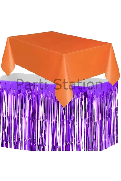 Masa Örtüsü ve Masa Eteği Set Plastik Turuncu Renk Masa Örtüsü Mor Renk Metalize Masa Eteği Set - 2