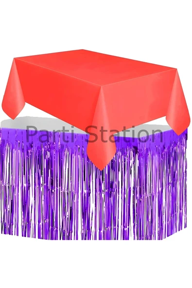 Masa Örtüsü ve Masa Eteği Set Plastik Kırmızı Renk Masa Örtüsü Mor Renk Metalize Masa Eteği Set