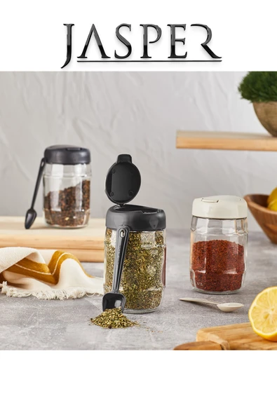 Jasper Qlux JPR-0102 6 Adet 370mm Kaşıklı Açılır Kapaklı Çok Amaçlı Cam Tuzluk Biberlik Baharat Seti - Resim 3