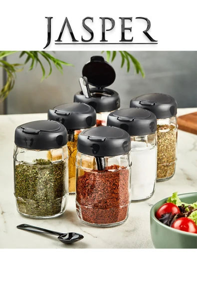 Jasper Qlux JPR-0102 6 Adet 370mm Kaşıklı Açılır Kapaklı Çok Amaçlı Cam Tuzluk Biberlik Baharat Seti - Resim 2