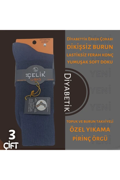 Asçelik  3 lü Diyabetik Erkek Çorap Gri - 3