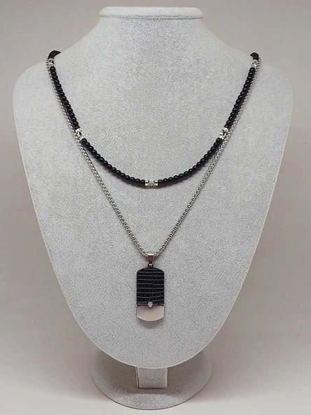 Night Serisi Erkek Doğal Taşlı Çelik Kolye (56036) - Resim 2