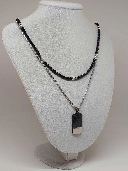 Night Serisi Erkek Doğal Taşlı Çelik Kolye (56036) - Resim 4