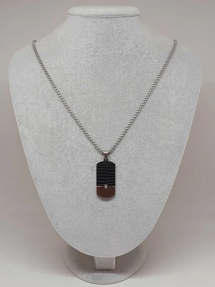 Siyah Desen Detaylı Taşlı Erkek Çelik Kolye (56036) - Resim 2