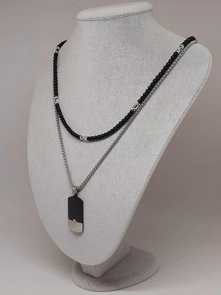 Night Serisi Erkek Doğal Taşlı Çelik Kolye (56036) - Resim 5