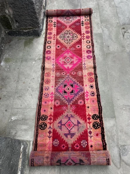 75x360 cm Pembe Renk Boho Stili Uzun Yolluk, Antik Antre ve Giriş Yolu Halısı