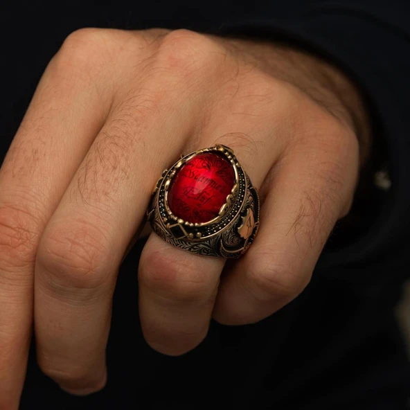 İsimli Kırmızı Taşlı Kılıç Motifli 925 Gümüş Yüzük - Resim 6