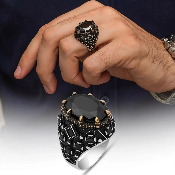 Oval Siyah Taşlı 925 Gümüş Erkek Yüzük ürün görseli