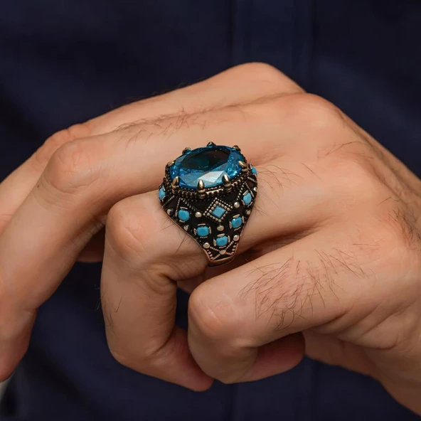 Oval Aqua Mavi Taşlı 925 Gümüş Erkek Yüzük - 7