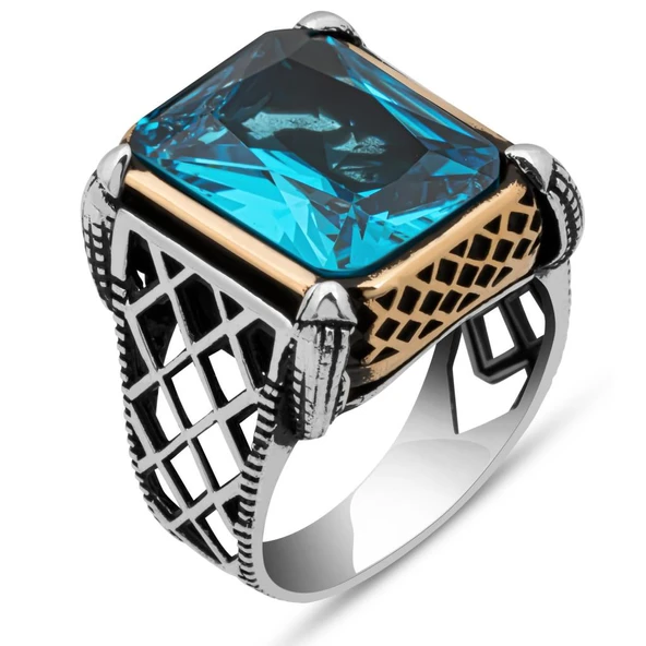 Aqua Mavi Taşlı 925 Gümüş Erkek Yüzük - Resim 2
