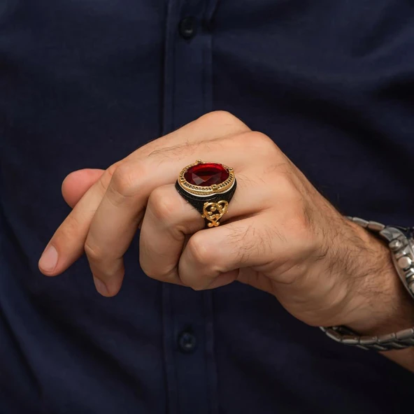 Oval Kırmızı Taşlı 925 Gümüş Erkek Yüzük - Resim 6