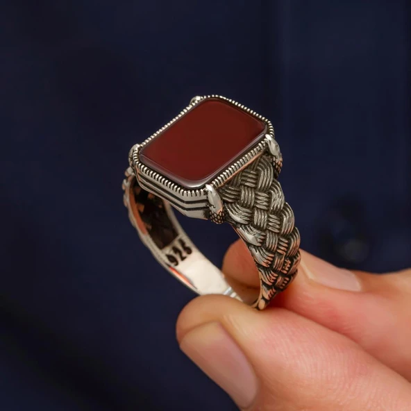 Akik Taşlı Kazaz Model 925 Gümüş Yüzük - Resim 5