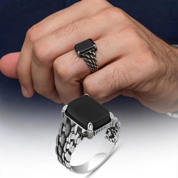 Siyah Oniks Taşlı 925 Gümüş Erkek Yüzük ürün görseli