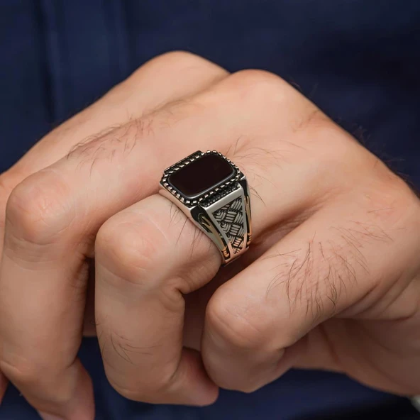 Siyah Oniks Taşlı Kazaz Model 925 Gümüş Yüzük - Resim 5