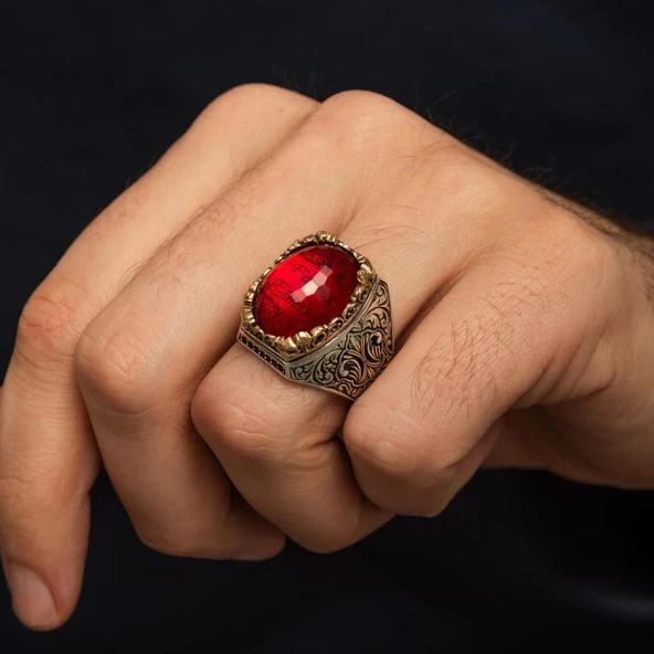 İsimli Kırmızı Taşlı 925 Gümüş Yüzük - Resim 5