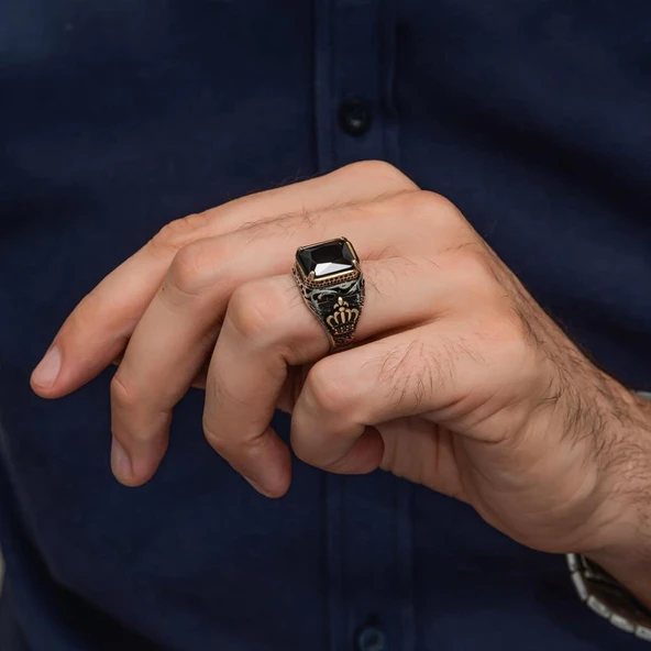 Siyah Taşlı Kral Tacı Motifli 925 Gümüş Yüzük - Resim 4